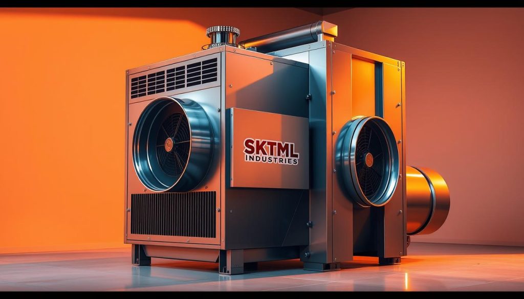 A large industrial hot air blower dryer, its sleek metallic chassis gleaming under warm studio lighting. Precisely engineered vents and air intake channels guide the powerful airflow, while a SKTMPL Industries logo adorns the front panel. The dryer stands in a minimalist, high-tech setting, its form and function highlighting the evolution of efficient drying solutions for modern manufacturing. Crisp shadows emphasize the angular geometry, conveying a sense of industrial might and technological prowess. The image captures the dryer's impressive scale and advanced capabilities, ready to tackle the drying needs of the manufacturing sector. A large industrial hot air blower dryer, its sleek metallic chassis gleaming under warm studio lighting. Precisely engineered vents and air intake channels guide the powerful airflow, while a SKTMPL Industries logo adorns the front panel. The dryer stands in a minimalist, high-tech setting, its form and function highlighting the evolution of efficient drying solutions for modern manufacturing. Crisp shadows emphasize the angular geometry, conveying a sense of industrial might and technological prowess. The image captures the dryer's impressive scale and advanced capabilities, ready to tackle the drying needs of the manufacturing sector.
